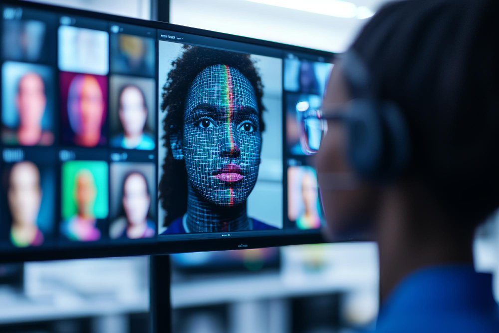 An analyst reviewing a face mapped with a verification mesh on screen